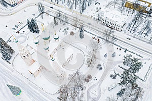 Aerial drone view of Orthodox Church of Elijah the Prophet and old city center in winter of Yaroslavl, Russia. Ancient russian