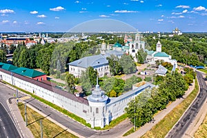 Aerial drone view of Orthodox Spaso-Preobrazhensky male Monastery. Yaroslavl, Russia