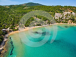 Aerial drone view over Chrisi Milia beach and the rocky surrounded area in Alonnisos island, Sporades, Greece