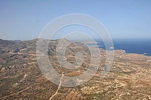 Aerial or drone view over dry landscape of greek island Karpathos, Cyclades