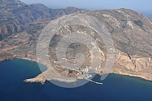 Aerial or drone view over dry landscape of greek island Karpathos, Cyclades