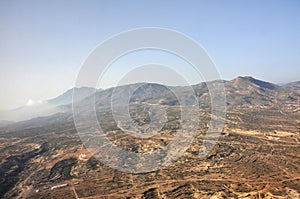 Aerial or drone view over dry landscape of greek island Karpathos, Cyclades