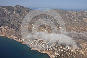 Aerial or drone view over dry landscape of greek island Karpathos, Cyclades