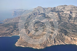 Aerial or drone view over dry landscape of greek island Karpathos, Cyclades