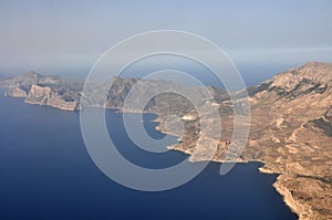Aerial or drone view over dry landscape of greek island Karpathos, Cyclades