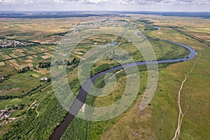 Aerial drone view over Liukhcha village in Rivne region, Ukraine