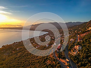 Aerial drone view over the Messenian gulf at Verga area near Kalamata city  Greece