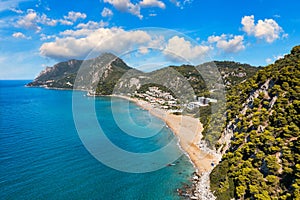 Aerial drone view over western coast and Glyfada beach, Island of Corfu, Greece. Glyfada Beach at Corfu Greece during the day