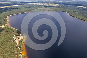 Aerial drone view over White Lake in Rivne region, Ukraine