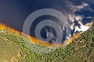 Aerial drone view over White Lake in Rivne region, Ukraine