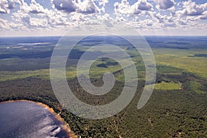 Aerial drone view over White Lake in Rivne region, Ukraine