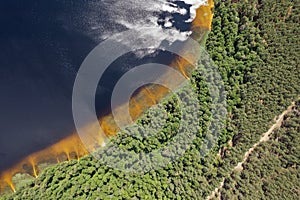 Aerial drone view over White Lake in Rivne region, Ukraine