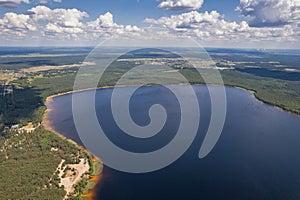 Aerial drone view over White Lake in Rivne region, Ukraine