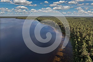 Aerial drone view over White Lake in Rivne region, Ukraine