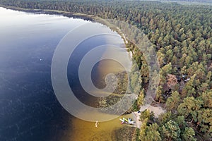 Aerial drone view over White Lake in Rivne region, Ukraine