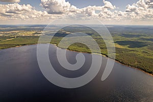 Aerial drone view over White Lake in Rivne region, Ukraine