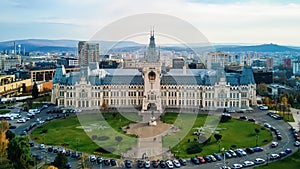 Aerial drone view of the Palace of Culture in Iasi, Romani