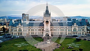 Aerial drone view of the Palace of Culture in Iasi, Romani