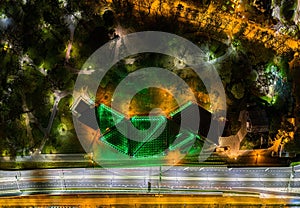 Aerial drone view on palm house in Gliwice at night