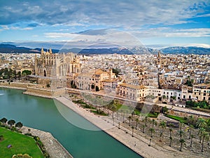 Aerial drone view Palma de Mallorca Cathedral was built on a cliff rising out of the sea. Picturesque panorama Majorca cityscape