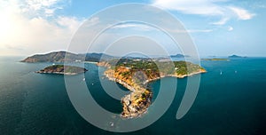 Aerial drone view panorama of Phromthep cape at sunset Phuket, Thailand