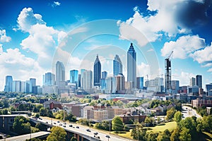 Aerial drone view panoramic downtown skyscrapers cityscape of Atlanta city skyline in USA buildings landscape