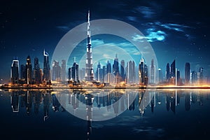 Aerial drone view panoramic downtown skyscrapers cityscape of Dubai city skyline at night buildings landscape