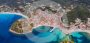 Aerial drone view of Parga colorful town, Epirus, Greece