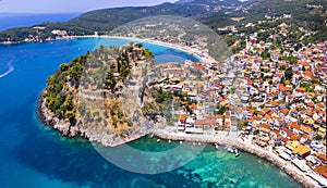 Aerial drone view of Parga colorful town, Epirus, Greece