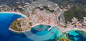 Aerial drone view of Parga colorful town, Epirus, Greece photo