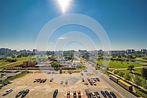 Aerial drone view parking lot with many cars
