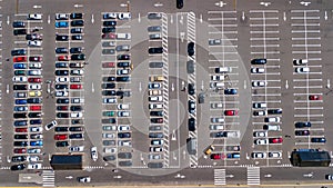 Aerial drone view of parking lot with many cars from above, city transportation