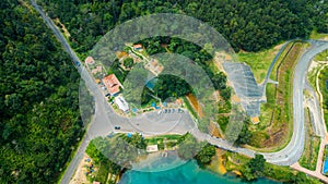 Aerial drone view of parking lot scenery in Tasik Puteri, Bukit Besi, Terengganu, Malaysia.