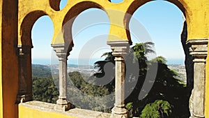 Aerial Drone View of Pena Palace Architectural Detail of Yellow Arches and View, Sintra, Lisbon, Por