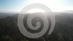 Aerial drone view of Pena Palace, a romanticist castle in the Sintra mountains of Portugal 25km west of Lisbon