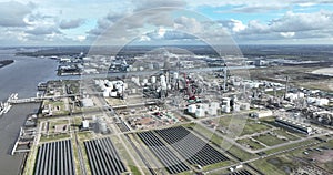 Aerial drone view on petrochemical refinery in Moerdijk, The Netherlands. Heavy industry, chemical equipment facility