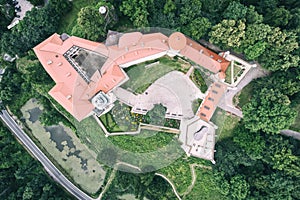 Aerial drone view of Pieskowa Skala Castle, Ojcow, Poland