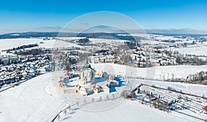 Aerial drone view of Pilgrimage Church of Saint John of Nepomuk, Zdar nad Sazavou, Czech Republic. UNESCO heritage. Ancient