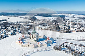 Aerial drone view of Pilgrimage Church of Saint John of Nepomuk, Zdar nad Sazavou, Czech Republic. UNESCO heritage. Ancient