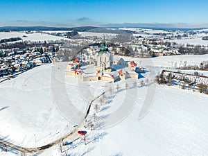 Aerial drone view of Pilgrimage Church of Saint John of Nepomuk, Zdar nad Sazavou, Czech Republic. UNESCO heritage. Ancient