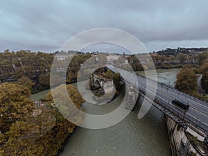 Aerial drone view of ponte emilio or ponte rotto, oldest bridge in the city of Rome. Visible remains of formerly great bridge, one photo