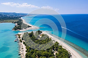 Aerial drone view of Port Glarokavos and lagoon beach in Chalkidiki Kassandra Greece