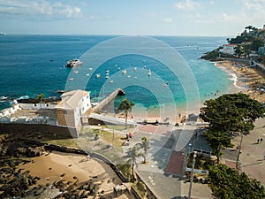 Aerial drone view of Porto da Barra beach in Salvador Bahia Brazil