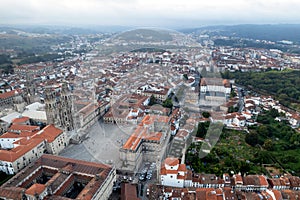 Aerial drone view of the Praza de Obraidoro in Santiago, Spain