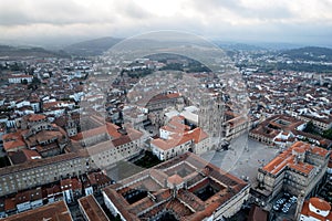 Aerial drone view of the Praza de Obraidoro in Santiago, Spain