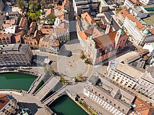 Aerial drone view of Preseren Squere and Triple Bridge over Ljubljanica river,Tromostovje, Ljubljana, Slovenia. Empty