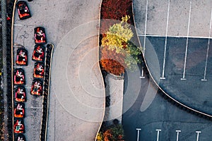 Aerial drone view on racing go-kart track