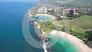 Aerial drone view of the resorts on the west side of Oahu, Hawaii