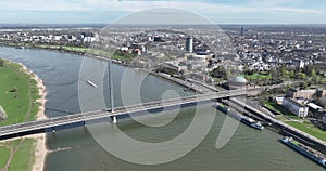 Aerial drone view on the Rheinkniebrucke or Rhine Knee Bridge in Dusseldorf, Germany. Bridge over the Rhine