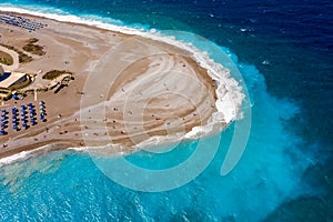 Aerial drone view on Rhodes island town Elli beach popular summer tourist destination, Dodecanese, Aegean, Greece